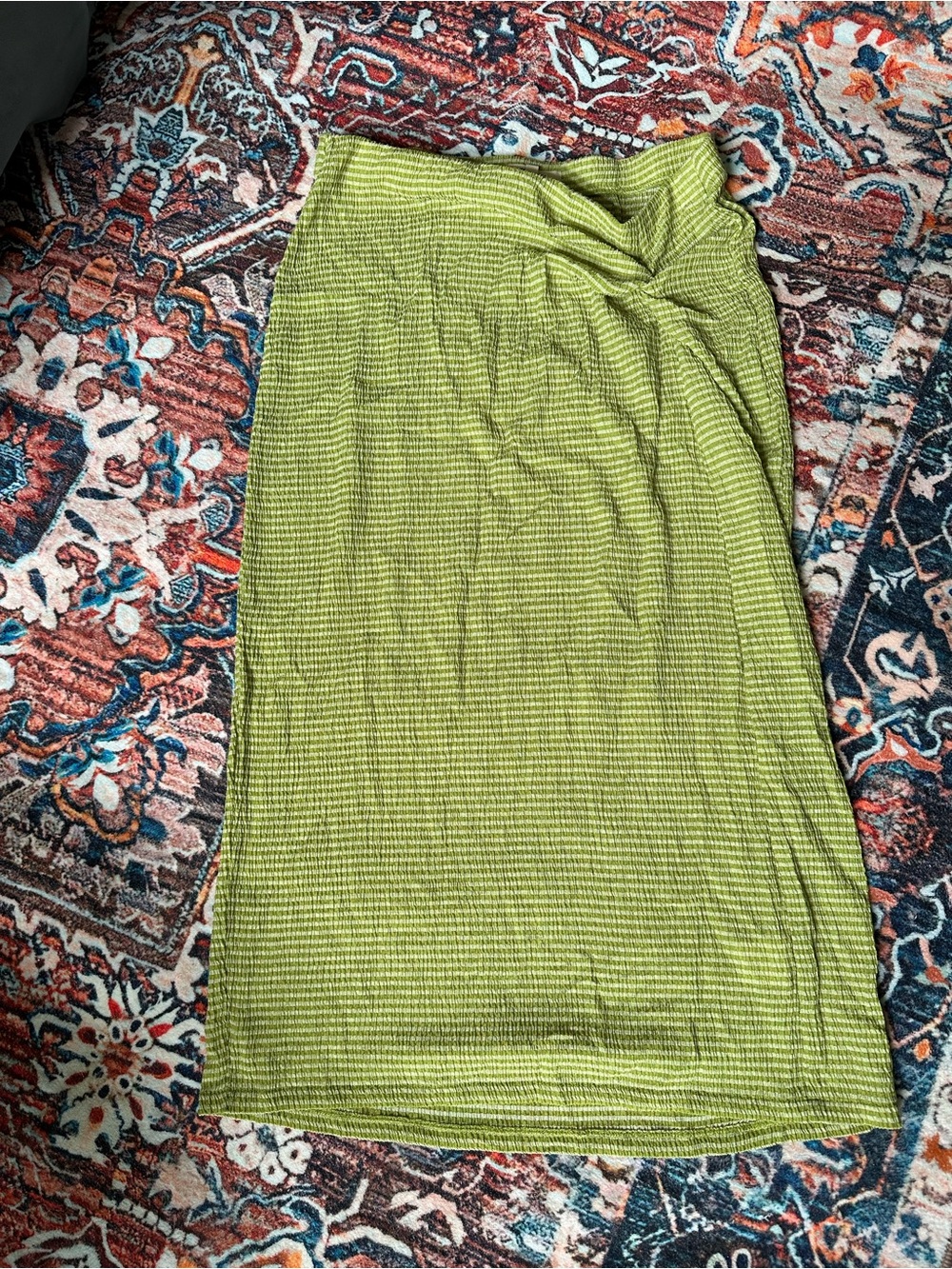 Madewell Gathered Pull-On Midi Skirt in lime green stripe - M